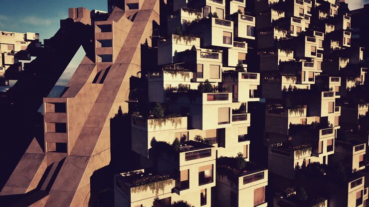 Design arquitetônico exclusivo de um complexo habitacional moderno ao pôr do sol perto da costa
