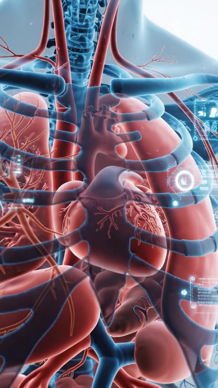 Detailed Anatomical Visualization of the Human Body, Showcasing Skeletal and Cardiac Structures with Vivid Color Contrast and Advanced Data Representation