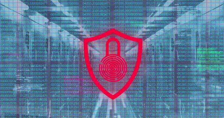 Animazione di lucchetto biometrico, elaborazione dati su server informatici