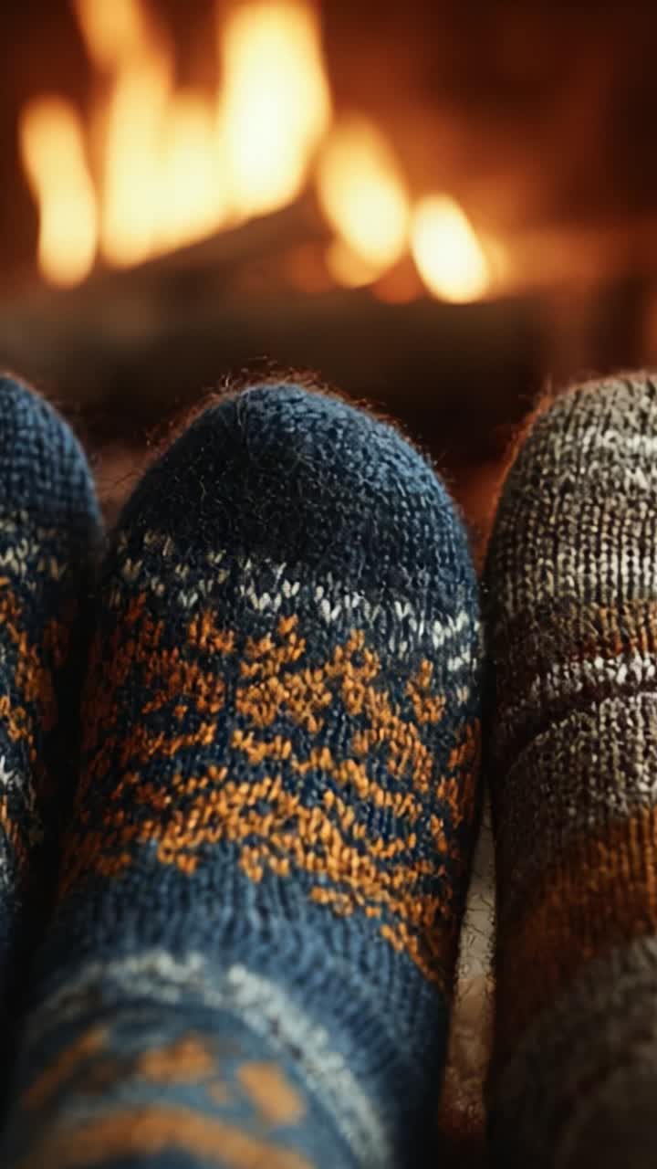 Cozy Winter Vibes: Beautifully Knit Warm Socks by the Crackling Fireplace Representing Comfort and Style in a Relaxing Atmosphere
