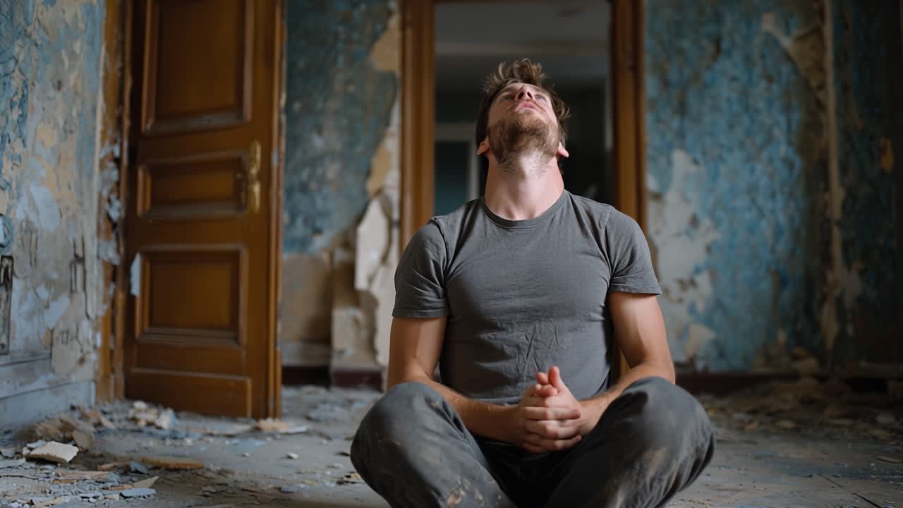 A contemplative young man sits thoughtfully in a distressed room, surrounded by peeling walls and remnants of a past life, reflecting on his life's journey and choices
