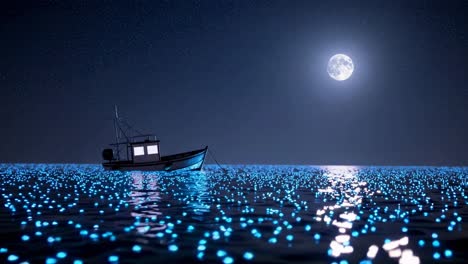 barco de pesca en un mar nocturno bioluminescente