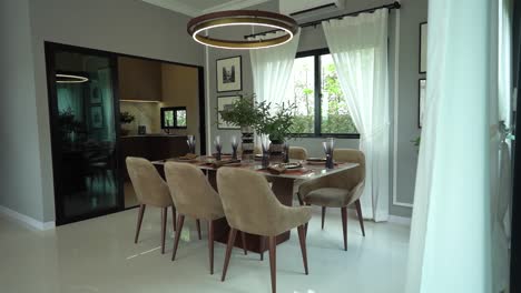 stylish beige and white dining area, open plan home decoration