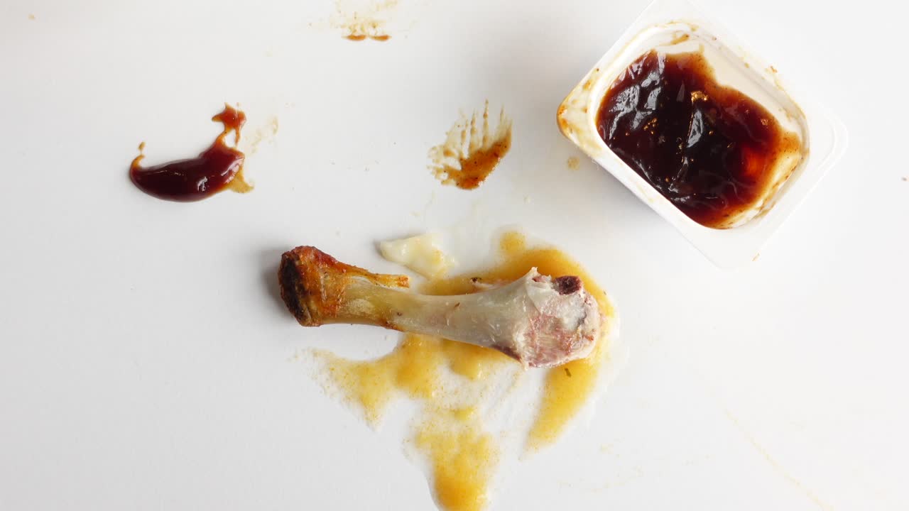 Leftover Chicken Leg and BBQ Sauce Spill