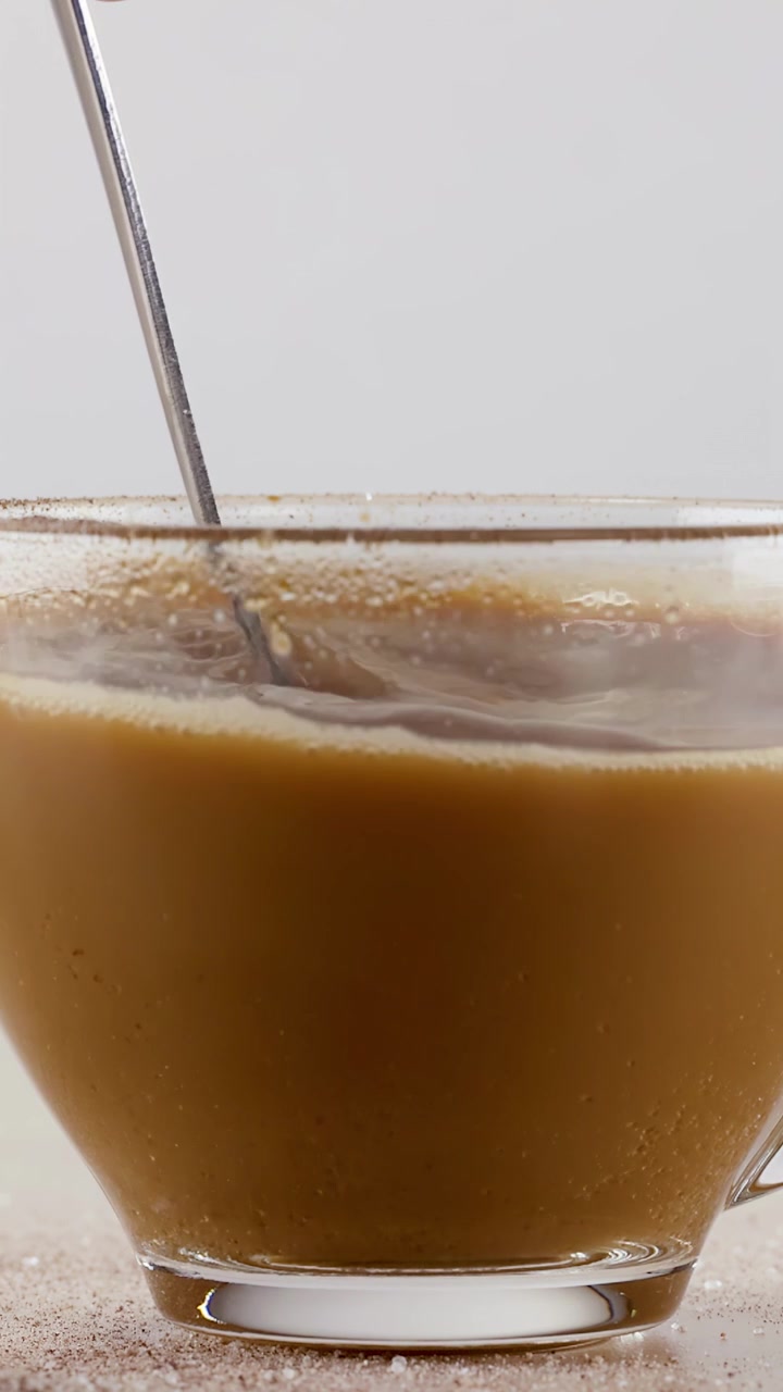 Primo piano di un cucchiaio di metallo che mescola caffè caldo con schiuma in una tazza di vetro.