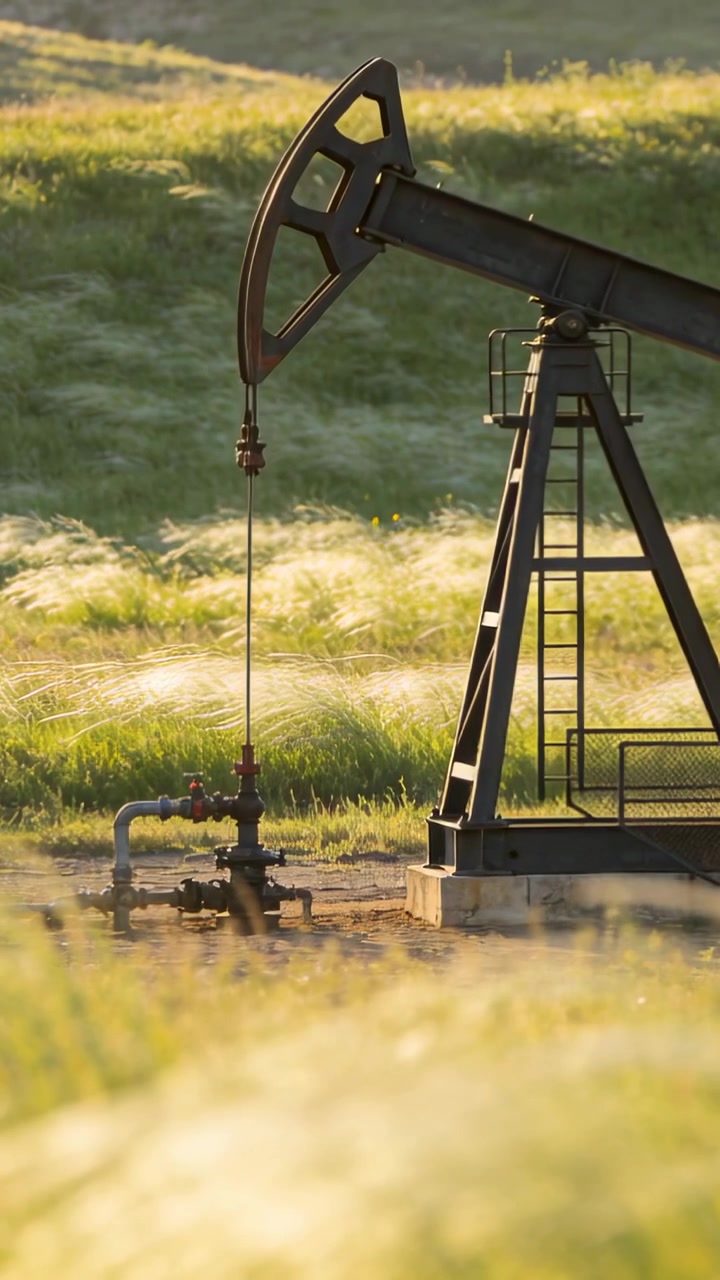 Vertical video: Motor starting, pumpjack pumping oil on pad in meadow with polished rod, copy space