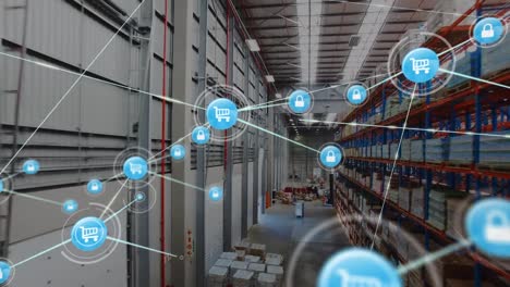 animación de una red de iconos digitales frente a una vista aérea del almacén