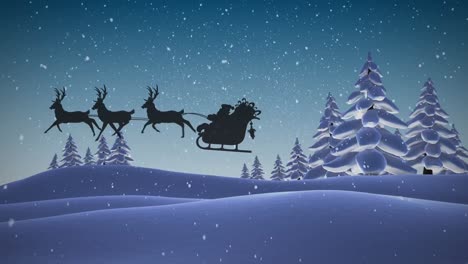 Animation-of-santa-claus-in-sleigh-with-reindeer-passing-over-snowy-winter-scenery