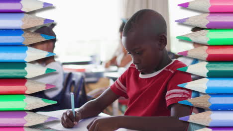 animation of colorful crayons over african american schoolboy