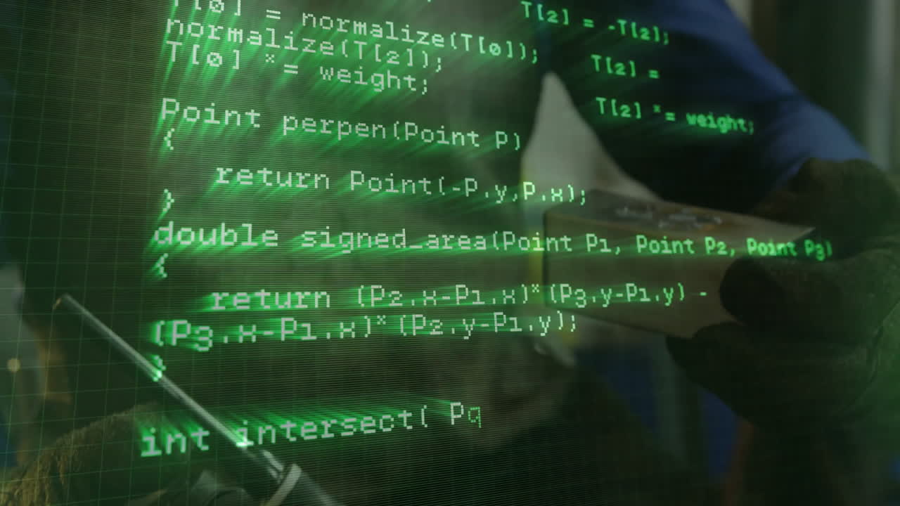 Male engineer sitting behind transparent display, manipulating C++ code and grid lines with stylus
