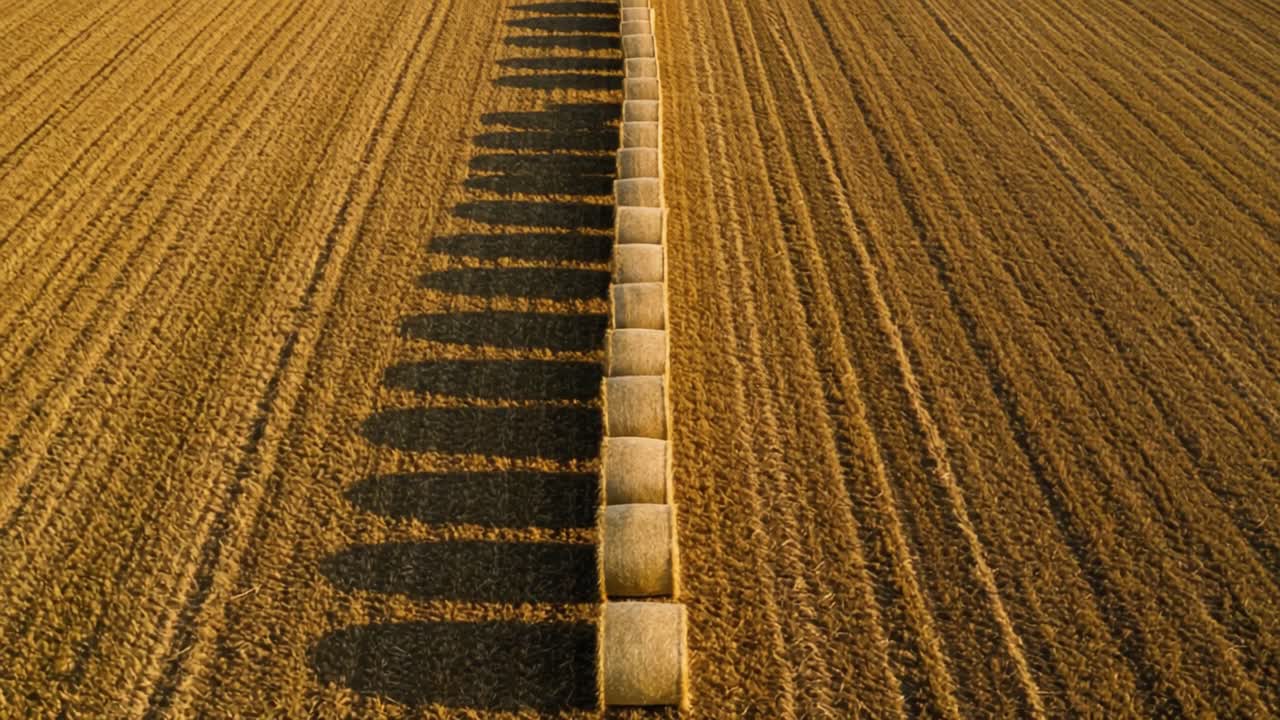 Rows of Hay Bales Cast Long Shadows on a Golden Field, Showcasing the Beauty of Agricultural Landscapes and Nature's Patterns in Flat Terrain
