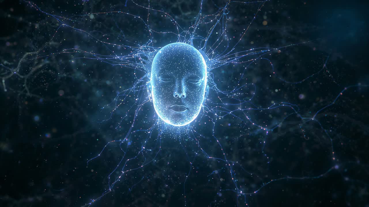 暗い空間で光る合成ヒューマノイドの頭部、粒子密度が上昇中。