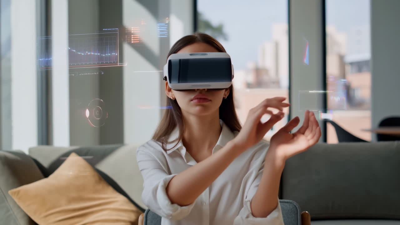 Mujer joven usando gafas de realidad virtual para interactuar con una interfaz virtual