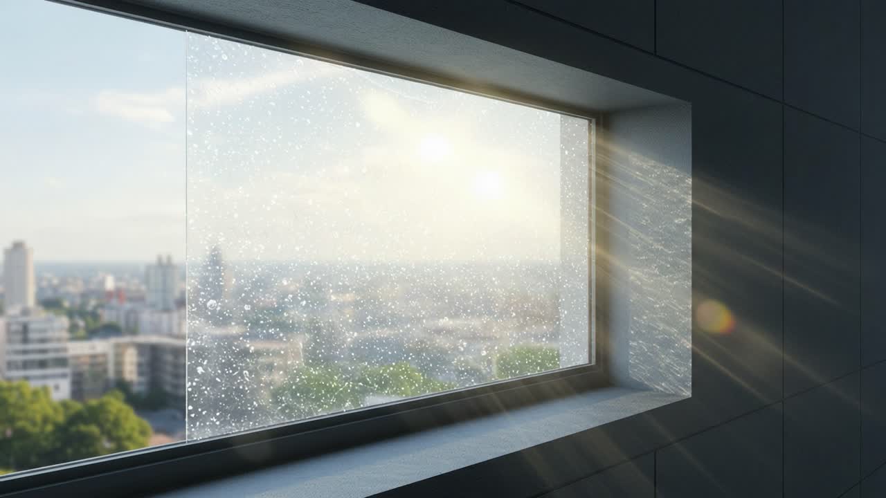A Glimpse of a City Through a Rainy Window: Capturing the Beauty of Nature and Urban Life as Raindrops Glimmer in the Morning Light