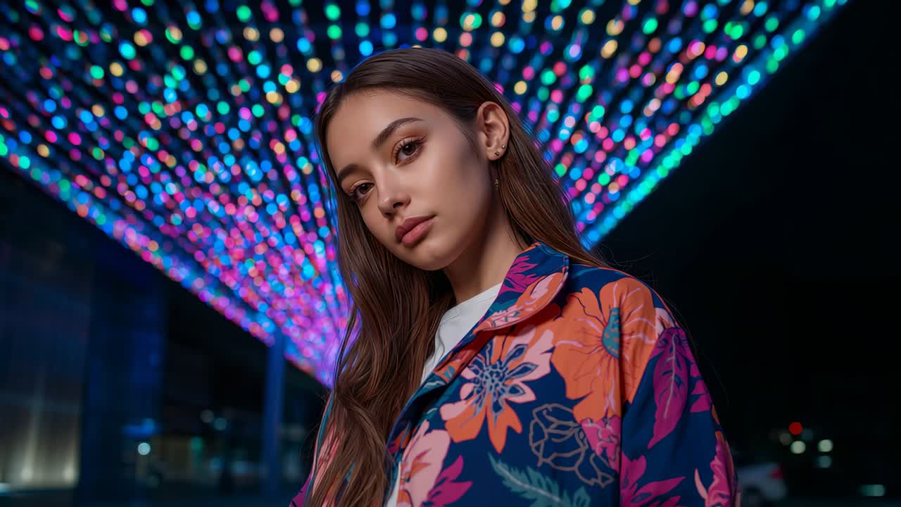 Lighting pulsing guiding Hispanic woman shifting gaze and turning head under LED canopy at night