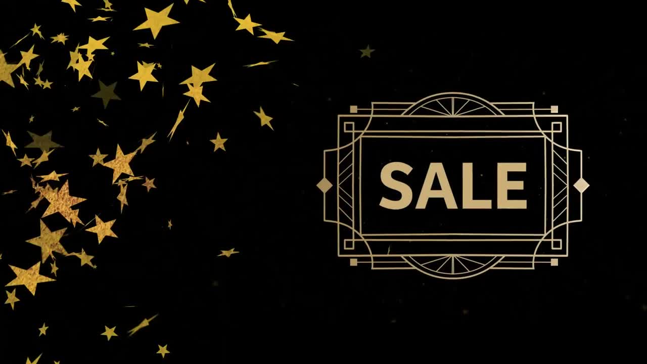 검은색 배경에 판매 텍스트와 별의 애니메이션