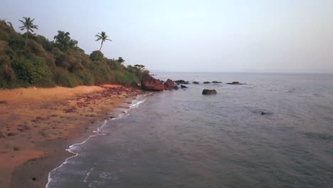 Tropical-bay-beach-shoreline-with-palm-trees-at-India-tropic-Goa-on-the-bay-of-the-Arabian-Sea-Indian-Ocean-sunset-of-beach-aerial-cinematic-up-motion