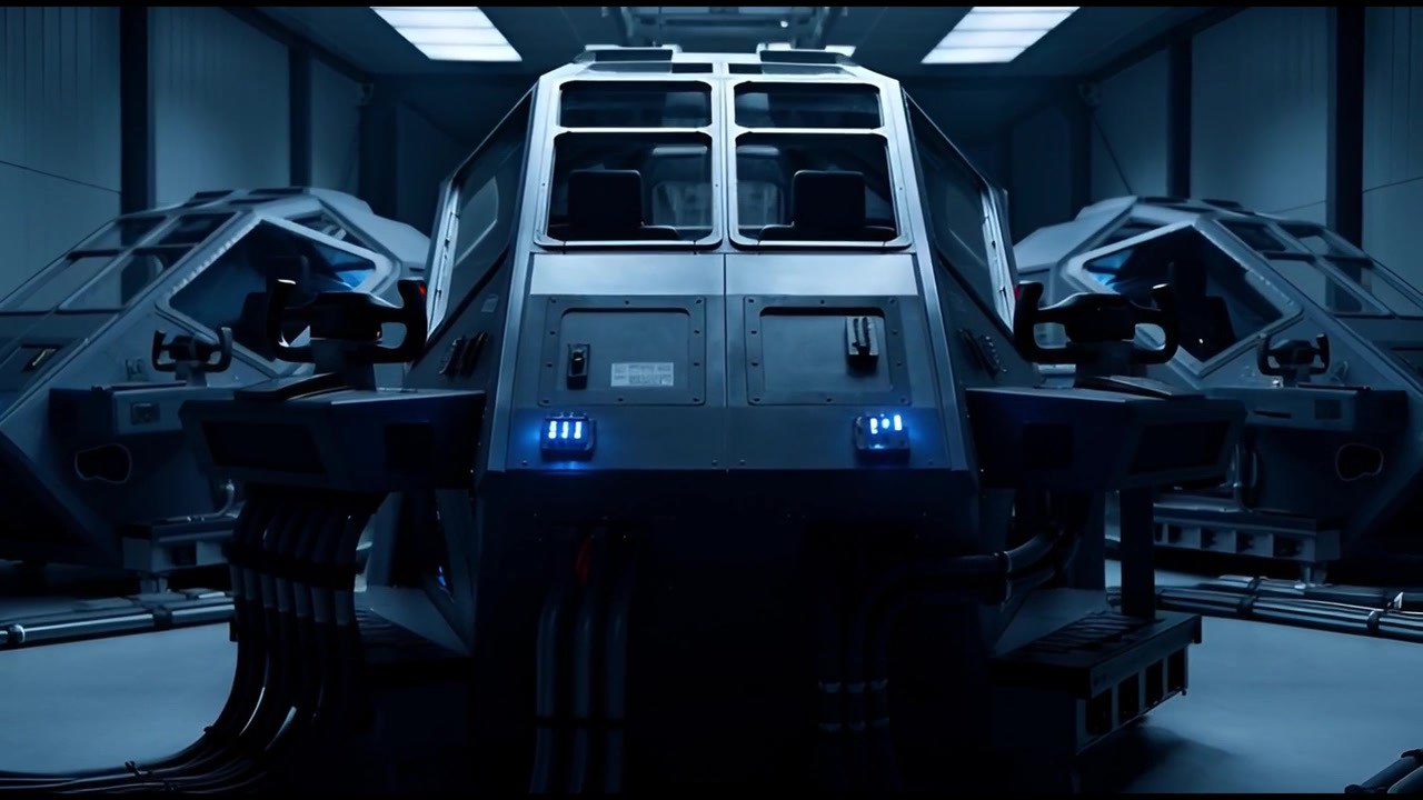 Three Futuristic Sci-Fi Vehicle Cockpits in a Hangar