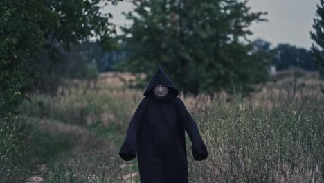 portrait of scary death in black. spooky figure in dark mantle with hood coming to camera on nature background. horror concept.
