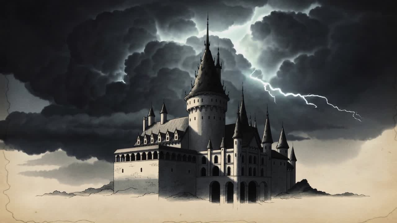 Nuvole temporalesche lampeggianti scagliano fulmini su un castello medievale raffigurato su pergamena, illuminando torri e nebbia.