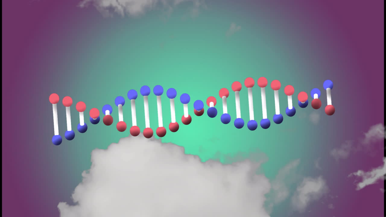 Elica di DNA fluttuante sopra le nuvole con sfondo di cielo colorato in animazione