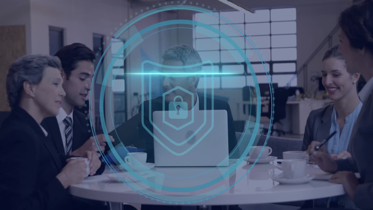 Business team sitting, woman leaning causing cyber HUD aligning shield over laptop securing data