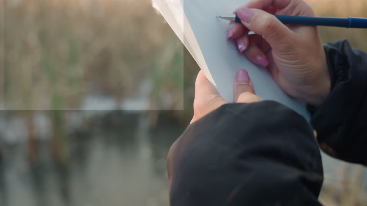 Nærbilde av hender som skriver ved en dam, feltreporter tar raske notater i en liten spiralblokk med penn, uskarpt siv og dunhammer i varmt motlys, oppmerksom dokumentasjon for artikkel eller rapport