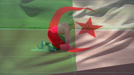 animation of flag of algeria over caucasian female runner