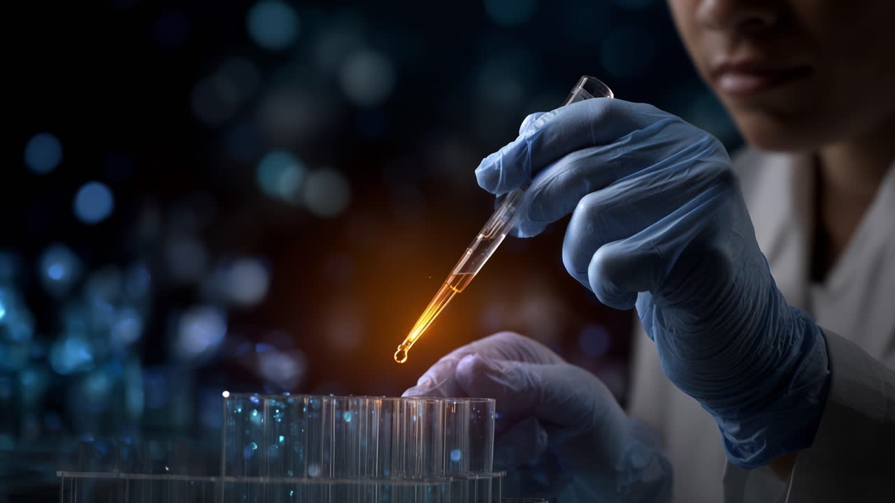 Scienziato che conduce esperimenti con provette e pipetta, mostrando precisione in un ambiente di laboratorio con reazioni liquide colorate.