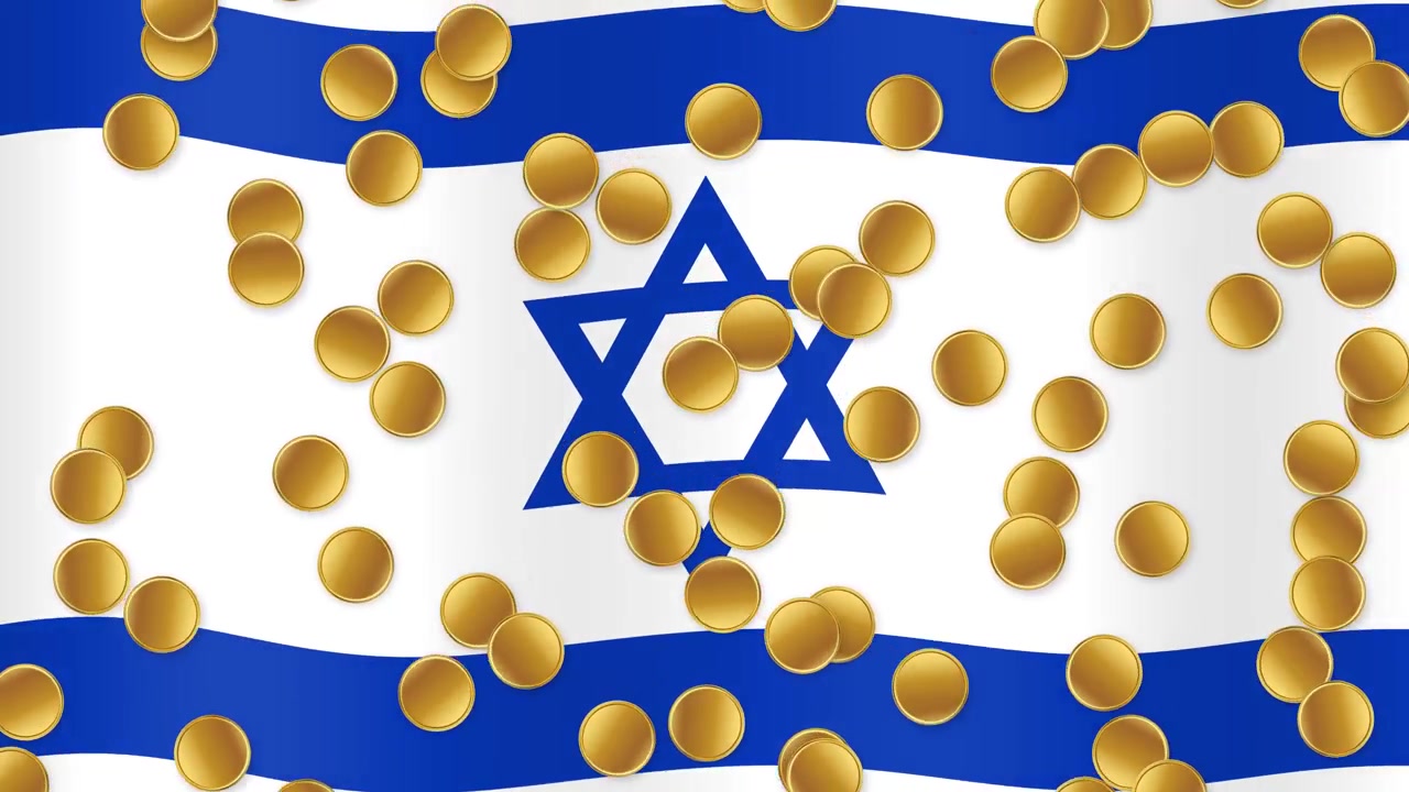 Monete d'oro che cadono su una bandiera israeliana sventolante