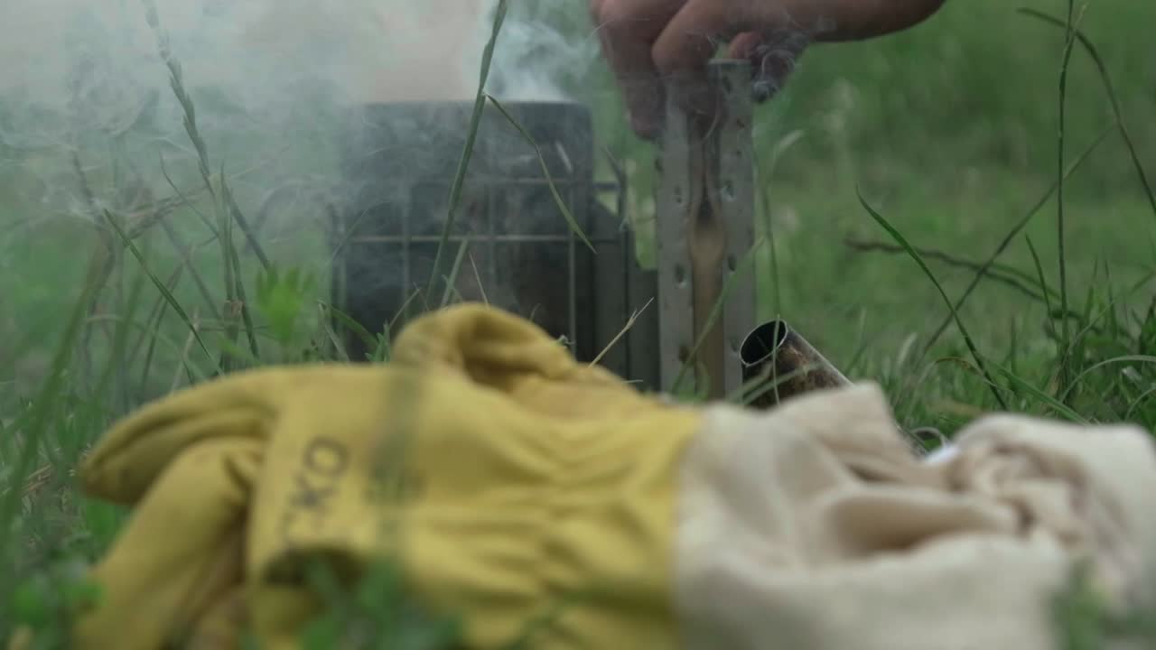 The smokehouse and smoker stands on a beehive and smoking. Background of beehives. The theme of beekeeping and apiculture concept. Honey and bees. Foundations to hive tools. Footage
