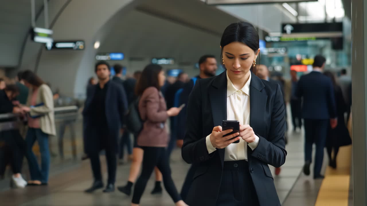 Businesswoman using smartphone at a train station