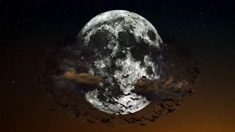 a mysterious scene under the night sky: a full moon surrounded by a flock of bats and wispy clouds, set against a starry background at twilight