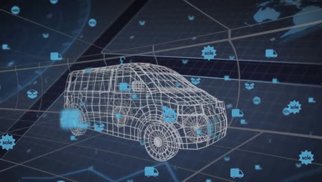 animación de automóviles digitales sobre iconos de medios