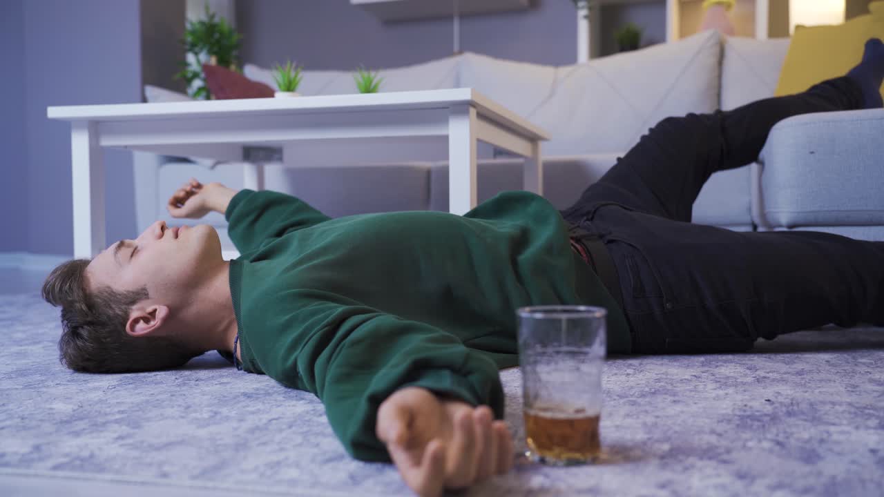 el borracho con resaca está durmiendo en el suelo.