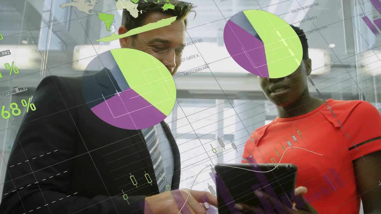 Animation of data processing over businessman and businesswoman discussing in elevator at office