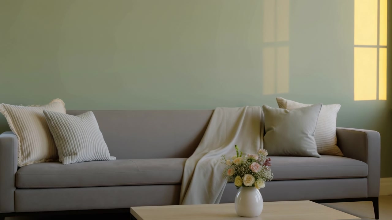 Luminoso interno residenziale che mostra un divano grigio con cuscini a coste e lisci, coperta drappeggiata, tavolino basso in legno, vaso di ceramica bianca con fiori pastello, ombra morbida della finestra, stile neutro e calmo
