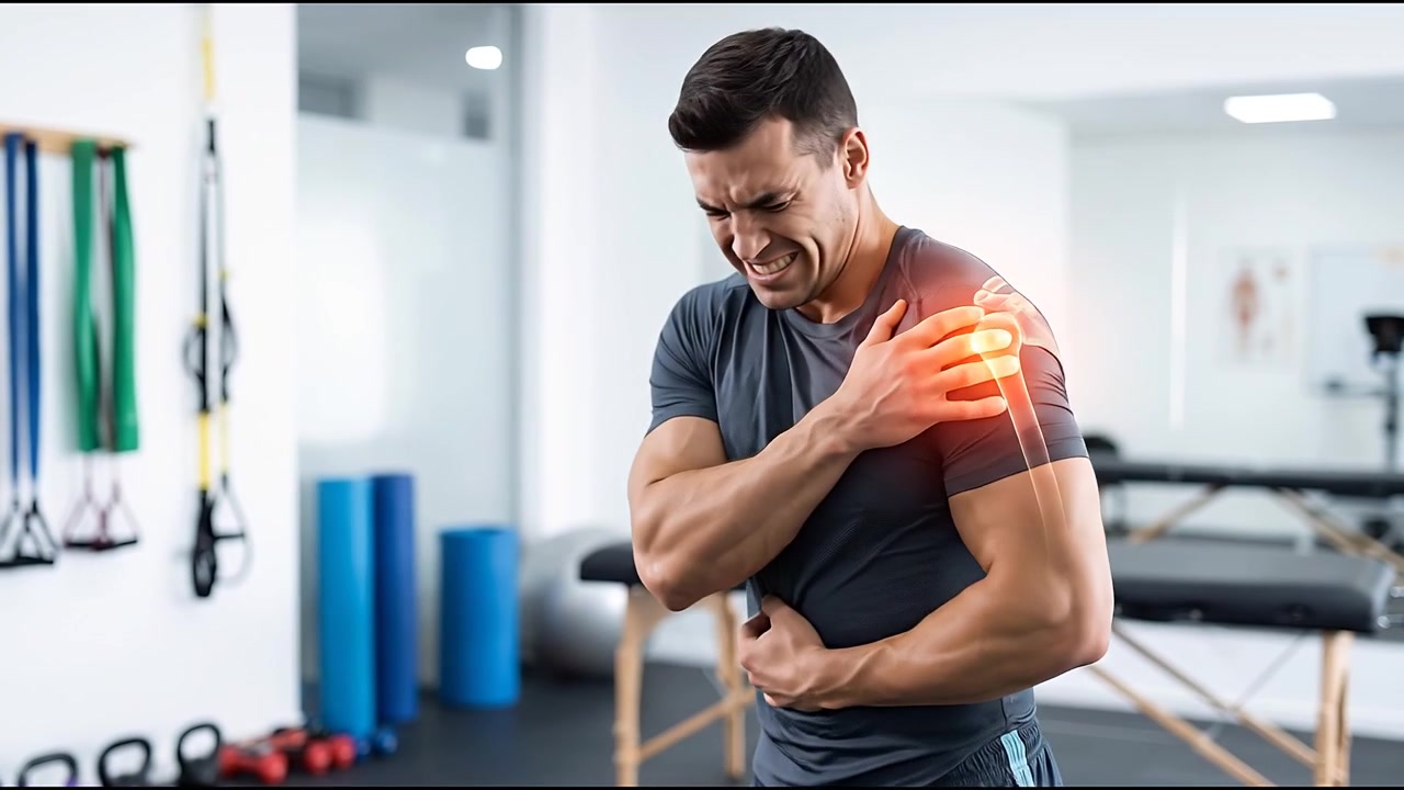 Vista posteriore di un uomo che si tiene la spalla dolorante con un effetto di infiammazione luminosa in stile illustrazione medica moderna.