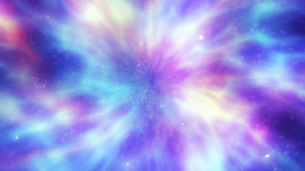Nuvole di nebulosa eteree esplodono di colore e polvere di stelle, campo galattico radioso riempito di blu pastello
