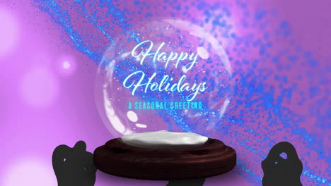 seasonal greeting and happy holidays text animation over snow globe on purple background