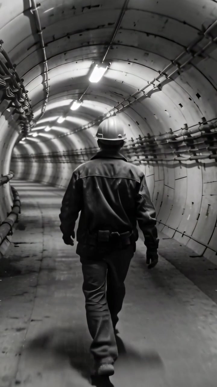 Video vertical: Trabajador con casco y cinturón comenzando a caminar por un túnel curvo, inspeccionando tuberías.