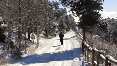 un hombre abrigado y caminando hacia la cámara por un camino cubierto de nieve en invierno