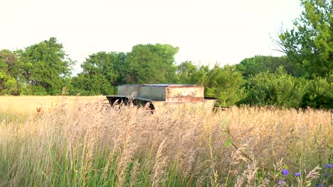 Alte-Rostige,-Verlassene-Landwirtschaftliche-Geräte-Auf-Einem-Hohen-Grasfeld,-Während-Der-Wind-4k-Weht