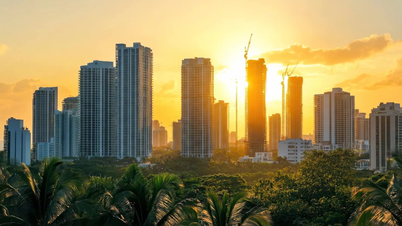 Pôr do sol dourado sobre o horizonte de uma cidade moderna com guindastes de construção