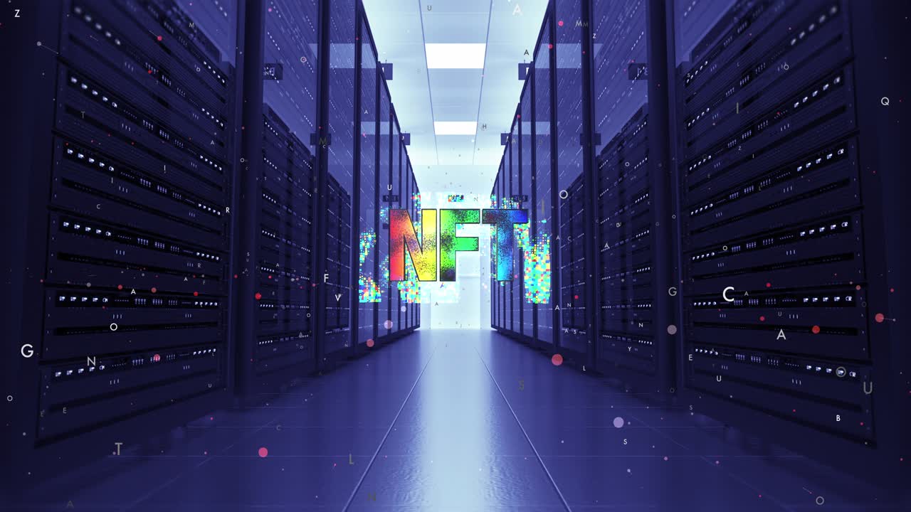 símbolo de nft en una sala de centro de datos de alta tecnología moderna.