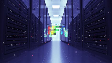 il simbolo nft in una moderna stanza di un data center ad alta tecnologia.