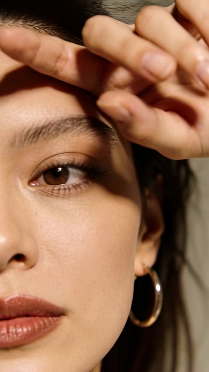Vertical video: Raising model's hand as camera rolling on set, showing makeup and gold hoop earring