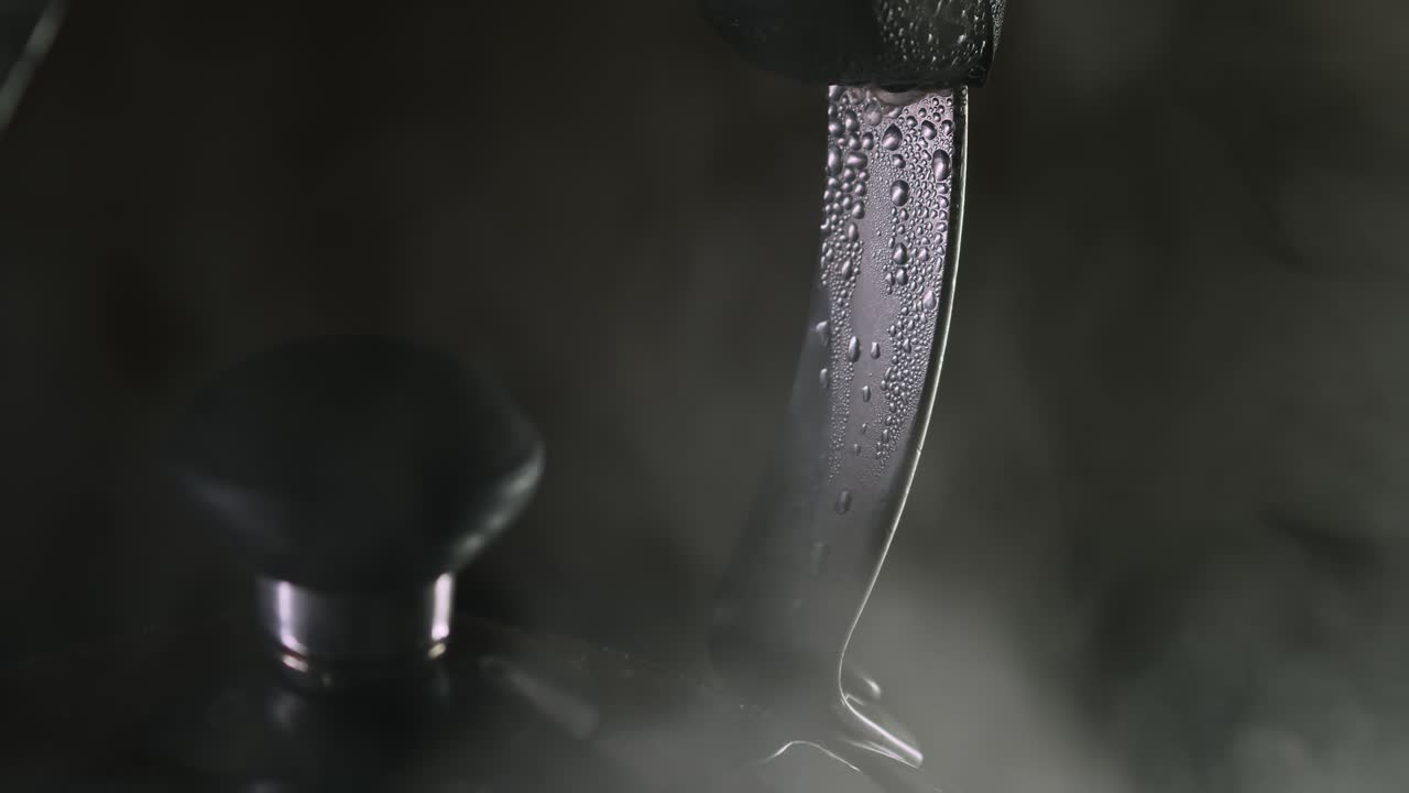 Condensation drips on tea kettle handle as steam vapor rises, close-up