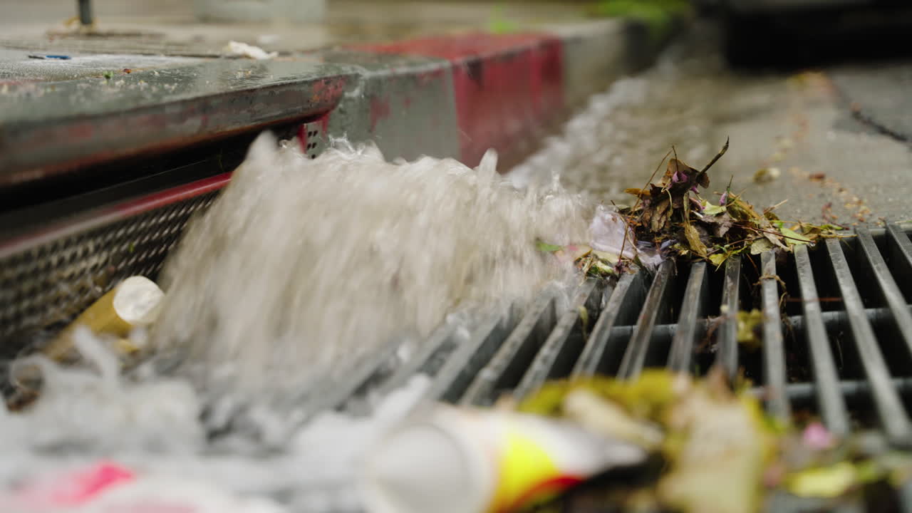 A Close Up of a Waterfall Draining into a Storm Drain on the Street During Heavy Rain