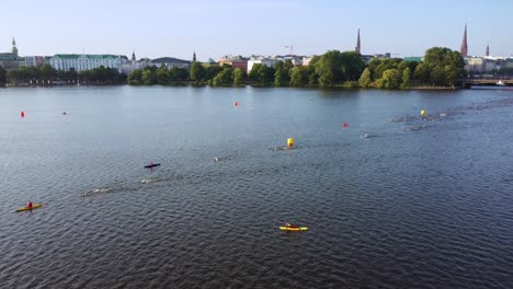 Aerial-view-of-the-outer-alster-lake-with-swimmmers-during-Ironman-in-Hamburg